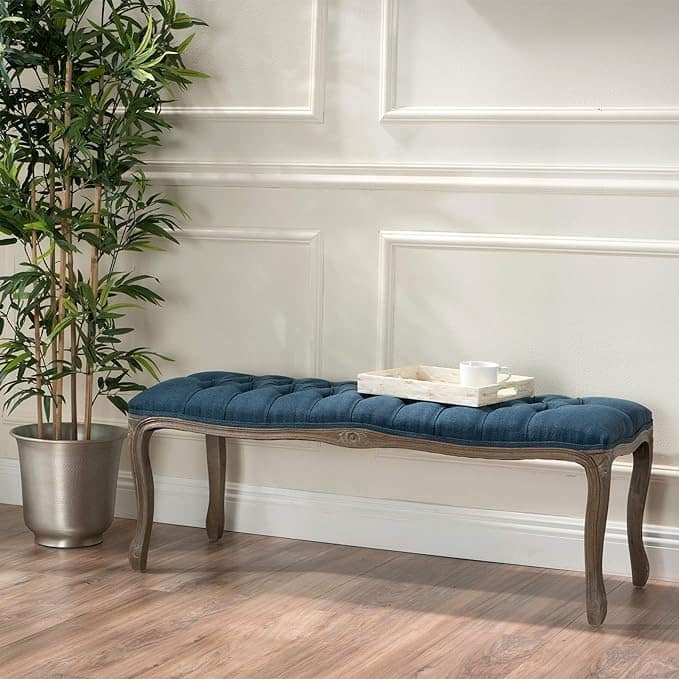 Roomfitters Upholstered Accent Bench with Tufted Cushion Seat and Solid Wood Legs, Navy Blue - Navy Blue