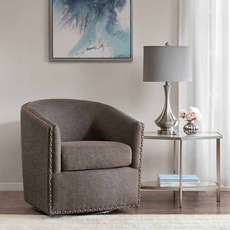 Roomfitters Swivel Accent Chair, Upholstered Barrel Armchair with 360 Degree Metal Base and Nailhead Trim