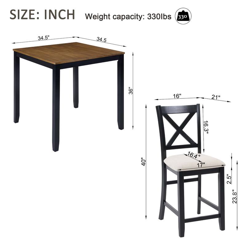 Counter Height Dining Table Set for 4-Person, 5-Piece Wooden Dining Table Set, Including Square Dining Table & 4 Chairs
