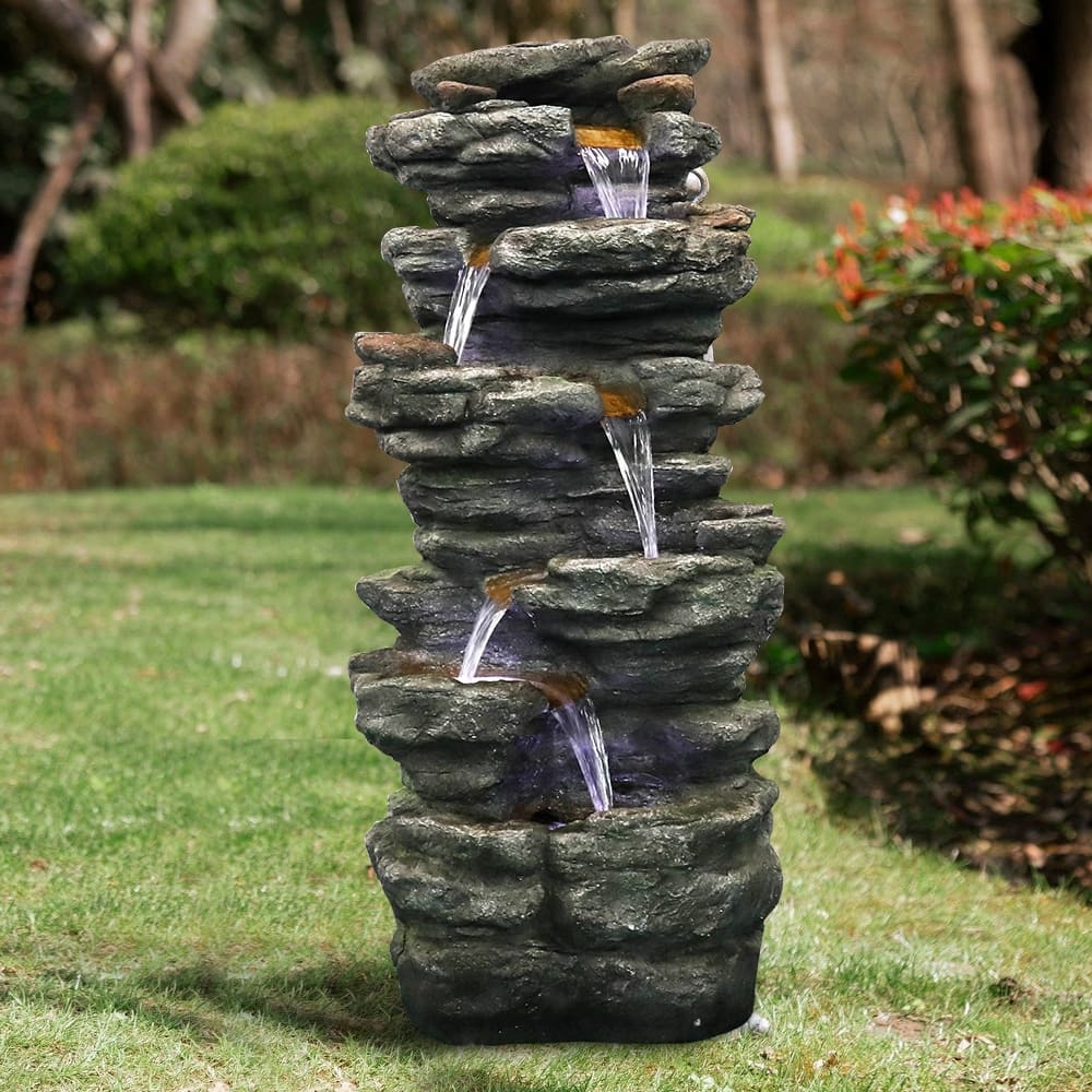 6-Tier Rock Floor Standing Water Fountain with LED Lights and Pump