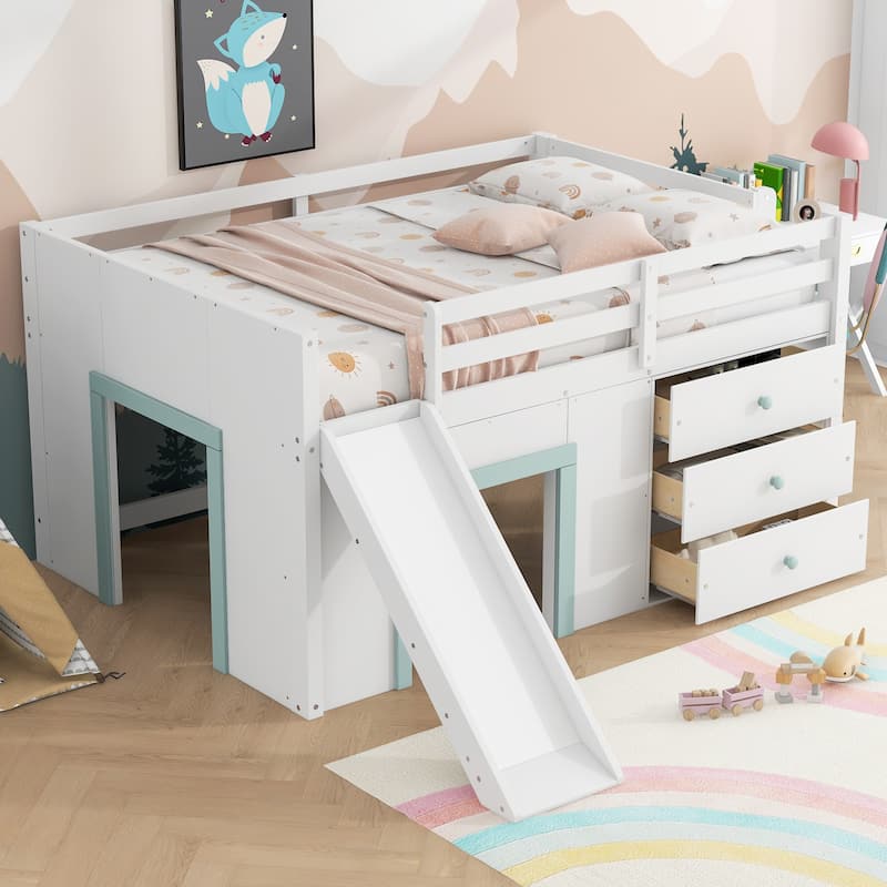 Full Size Low Loft Bed with Slide, Three Drawers, Two Doors, White - White