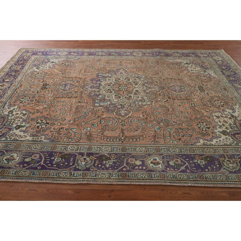 Floral Coral Tabriz Persian Vintage Area Rug Handmade Wool Carpet - 6'9"x 9'10"