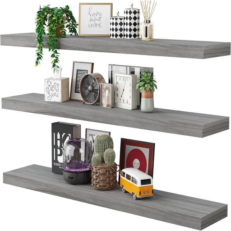 Floating Shelves Wooden Shelves with Invisible Brackets Set of 3 - 7.68"D x 31.5"W x 1.5"H - Walnut Gray