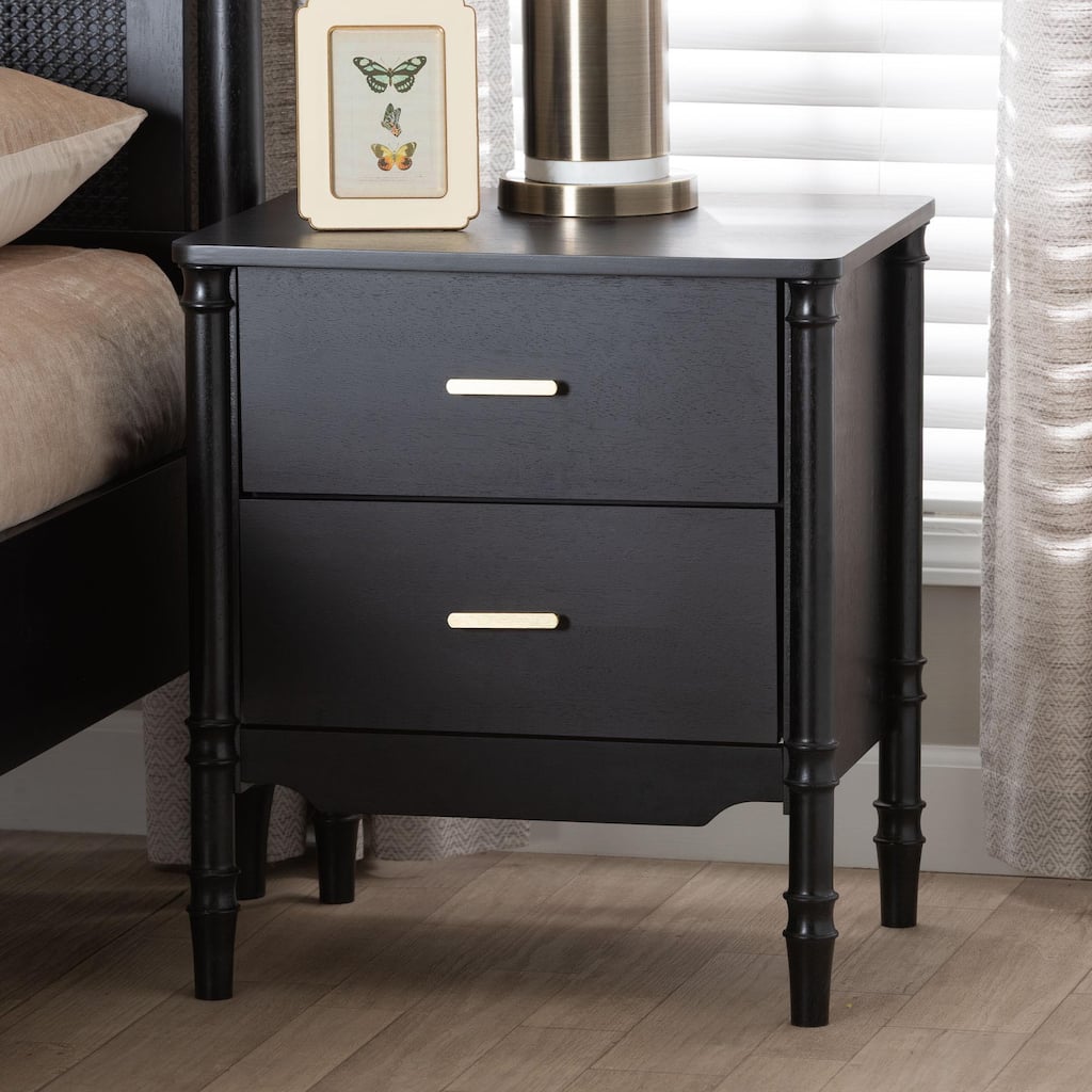 Marisela Black Wood Nightstand with Gold Handles - 2-Drawer Bedside Table with Bamboo-Inspired Legs, Bedroom or Guest Room