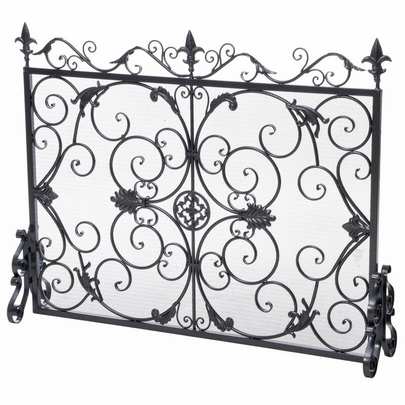 Fireplace Screen, 45 Inch Scroll Design with Mesh, Black Silver Iron