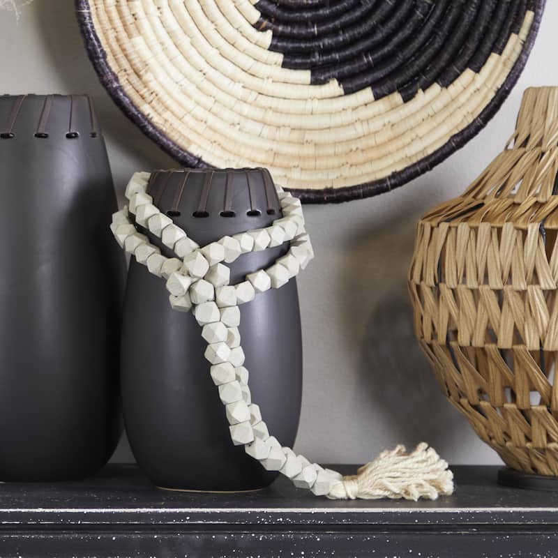 Mango Wood Handmade Hexagon Carved Geometric Long Beaded Garland with Tassel - Roche River Decor