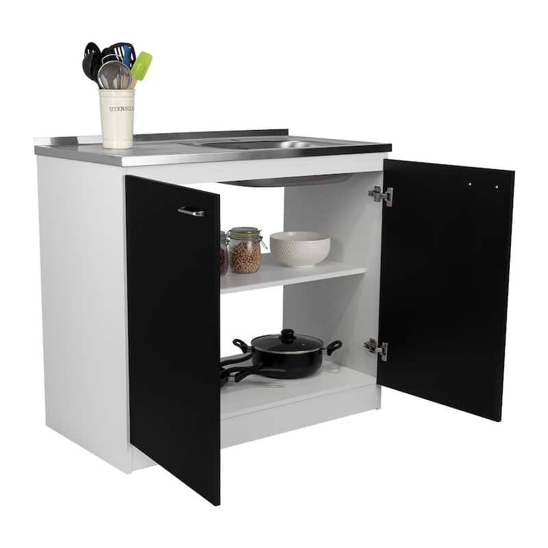 Utility Sink With Cabinet, Double Door, One Shelf -White / Black