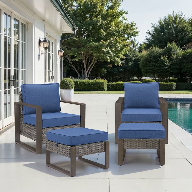 Pocassy 4 Pieces Outoor Patio Club Chair Ottoman Set - Blue cushion - Gray Wicker