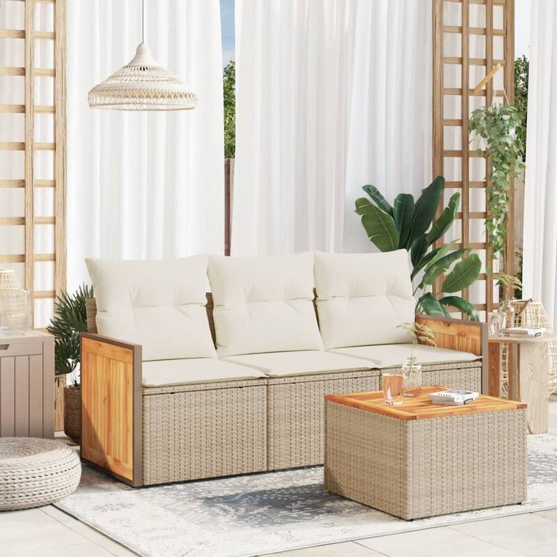 vidaXL Patio Sofa Set with Cushions Outdoor Conversation Furniture Poly Rattan - Beige and Cream-With table - 21.7 x 21.7 x 14.6