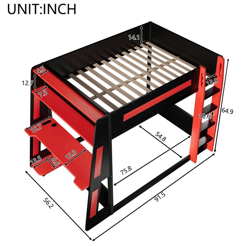 GDFStudio - Solid Wood Full Size Gaming Bunk Bed with Desk, USB & LED