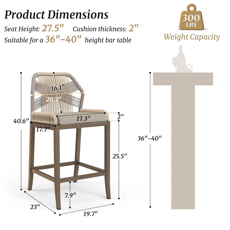 2 Set Modern Aluminum Twill Woven Outdoor Bar Stool Chair Set, Counter Height Stool with Back and Cushion - 40.6"H