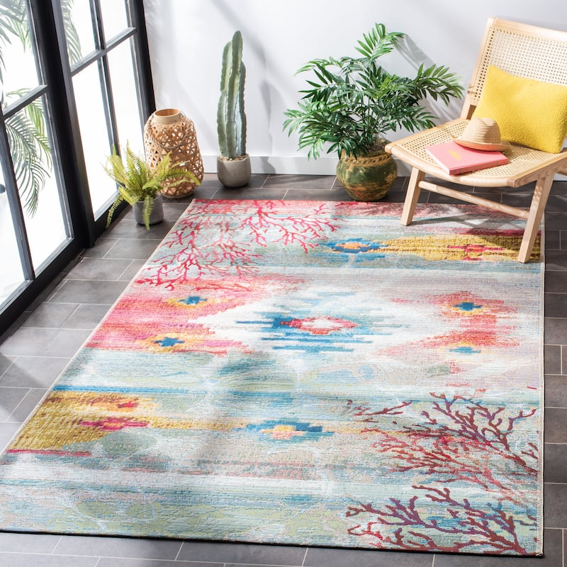 SAFAVIEH Barbados Santos Tropical Indoor/ Outdoor Waterproof Patio Backyard Rug - Light Blue/Pink - 8' x 10'5"