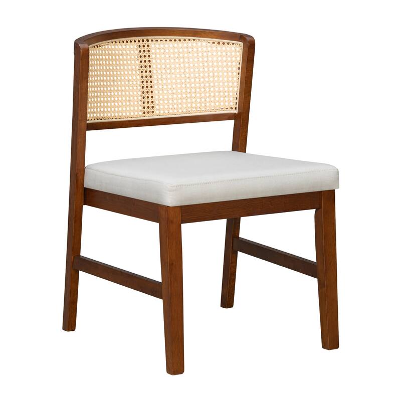 Rattan Dining Chairs Set of 2, Fabric Upholstered Kitchen Side Chair, Curved Rattan Back
