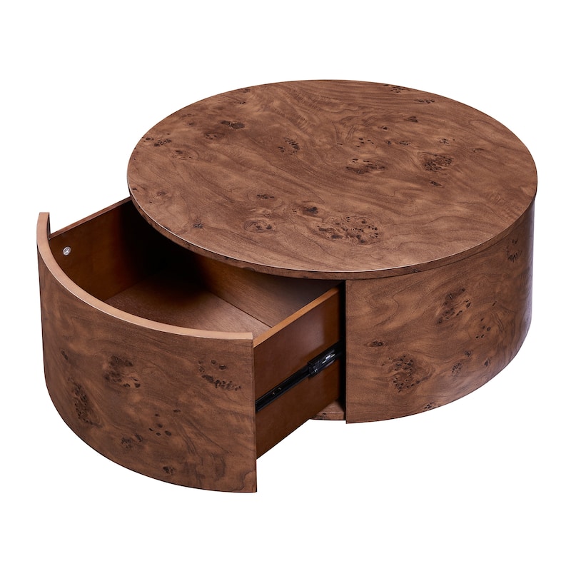 Burl Wood Rotating Coffee Table with 2 Drawers, 360° Rotating Top, Walnut, 28.4"