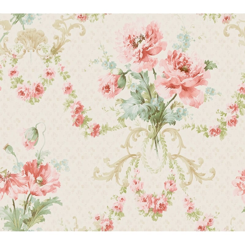 Seabrook Designs Tanvi Floral Bouquet Unpasted Wallpaper - 20.5 in. W x 33 ft. L - Metallic Cream & Bubblegum