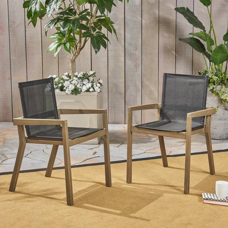 BELFAST DINING CHAIR Set of 2 Teak Acacia Wood Outdoor Chairs Black Mesh Seating