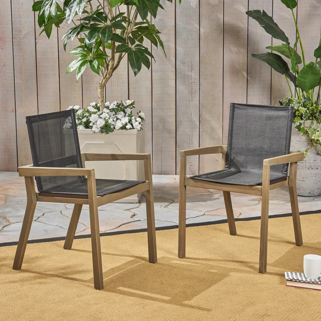 Outdoor 2 Piece Wooden Armrest Dining Chair with Mesh Backrest for Dining Room Kitchen Bedroom Living Room