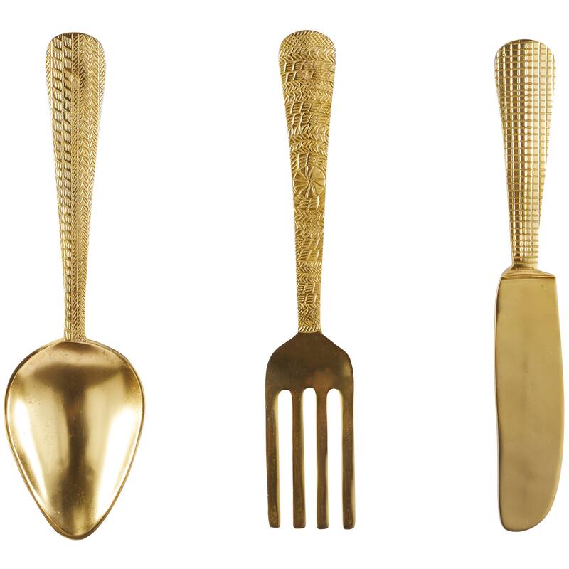 Gold Aluminum Metal Knife, Spoon and Fork Utensils Home Wall Decor (Set of 3)
