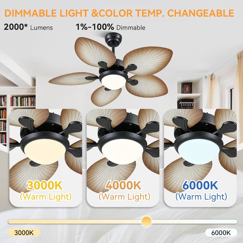 Kviflon 44" Wood GrainTropical Ceiling Fan with Light and Remote,Indoor and Outdoor Ceiling Fan,Waterproof - 44 Inches