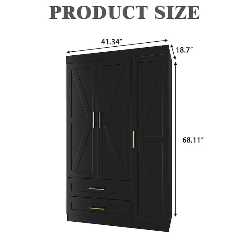 Classic Three-Door Wardrobe,Wood Bedroom Armoire with Hanging Rod and Shelves,Spacious Storage Closet,Modern Farmhouse Design