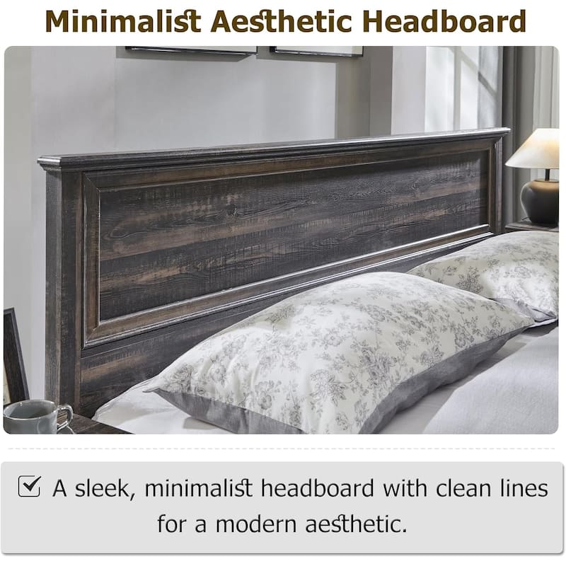 Farmhouse Bed Frame w/ Headboard & Storage Bench, Wood Platform Bed