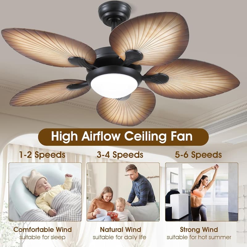 44"/52" Palm Leaf Tropical Ceiling Fan with Light,Indoor and Outdoor Ceiling Fan,Waterproof