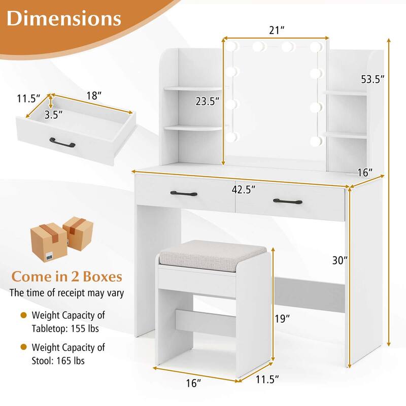 Costway Makeup Vanity Desk with Lighted Mirror Charging Station - 2 PCS