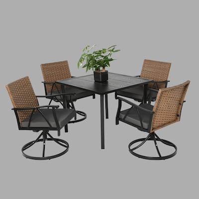 5-Piece Wicker Patio Dining Set, 4 Cushioned Swivel Rockers with Steel Table, Outdoor Furniture for Backyard, Garden, Poolside