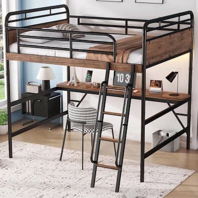 Full Size Metal Loft Bed with Desk, LED Light, and Charge Station