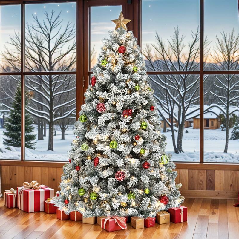 6 /7.5 /9 ft Prelit Snow Flocked Christmas Tree with Remote, 11 Light Modes & Foldable Base