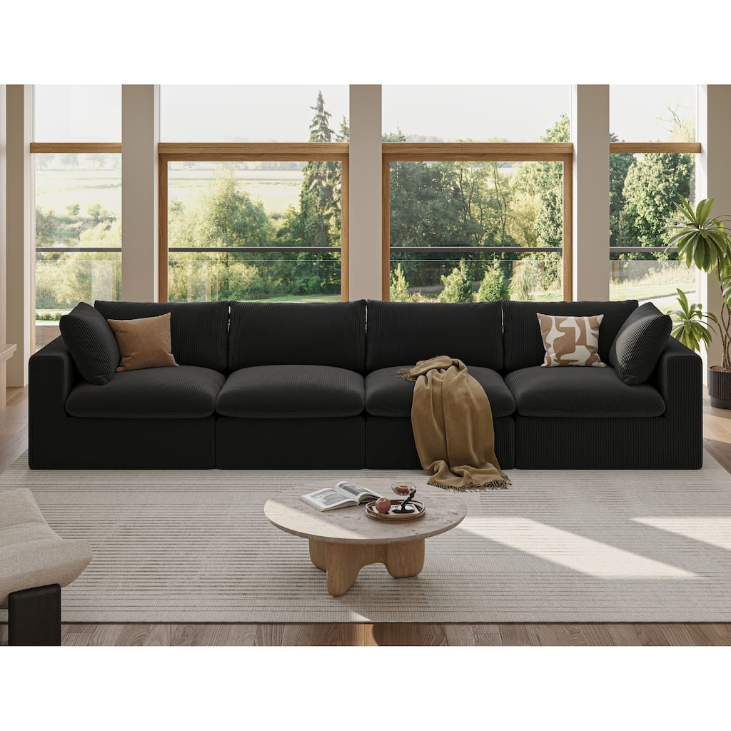 L Shape Modular Sectional Sofa, Oversized Corduroy Upholstered 4 Seater Sofa, Full Compression Deep Seat Sofa with 2 Pillows