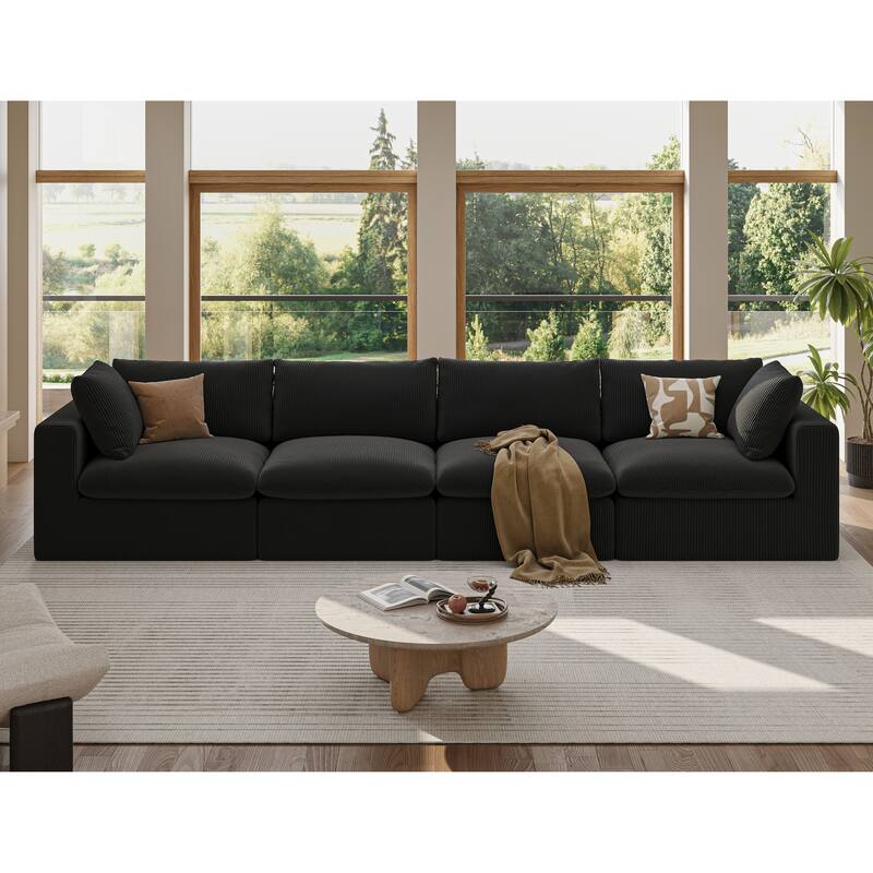 L Shape Modular Sectional Sofa, Oversized Corduroy Upholstered 4 Seater Sofa, Full Compression Deep Seat Sofa with 2 Pillows - Black