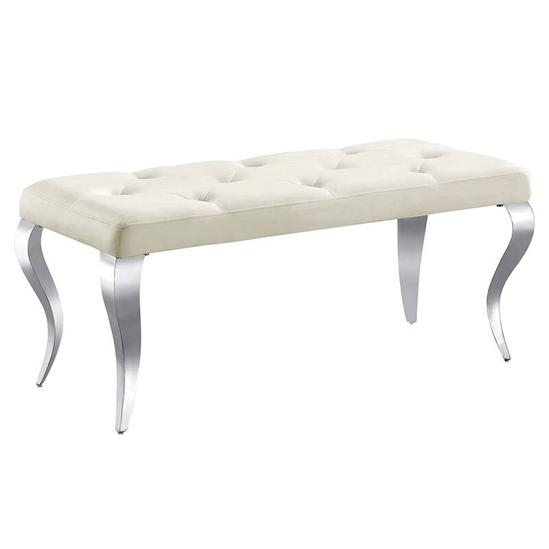Luxury Velvet Bench Button Tufted Upholstered Dining Bench with Polished Metal Legs - White