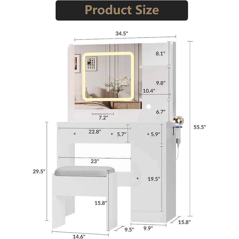3 Storage Drawers Makeup Vanity Desk with 3-Color Lights Mirror