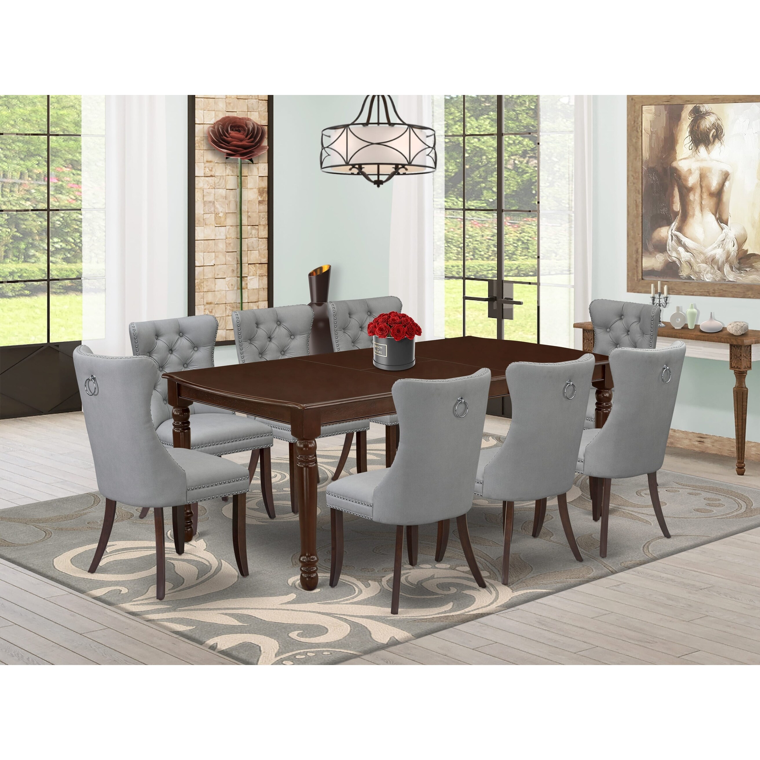 East West Furniture Dining Set Consists of a Rectangle Wooden Table and Upholstered Chairs Mahogany Pieces Options