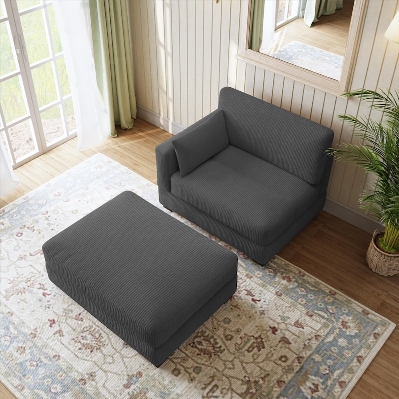 Modern Corduroy Upholstered Sectional Chaise Lounge with Ottoman