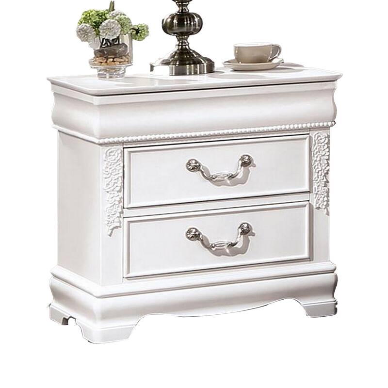 Aleci 24 Inch Nightstand, 2 Drawers, Carved Details, Solid Wood, White - White, Nickel - 2-drawer