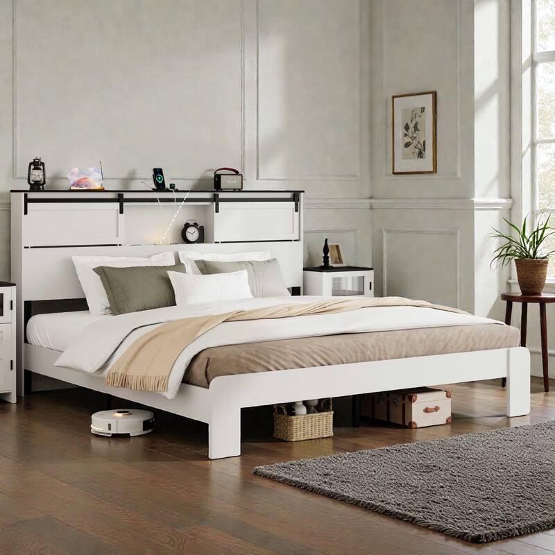 Metal Platform Bed Frame with USB Ports and Storage Headboard, Noise-Free Design, White Queen/King Bed Frame - White - Queen