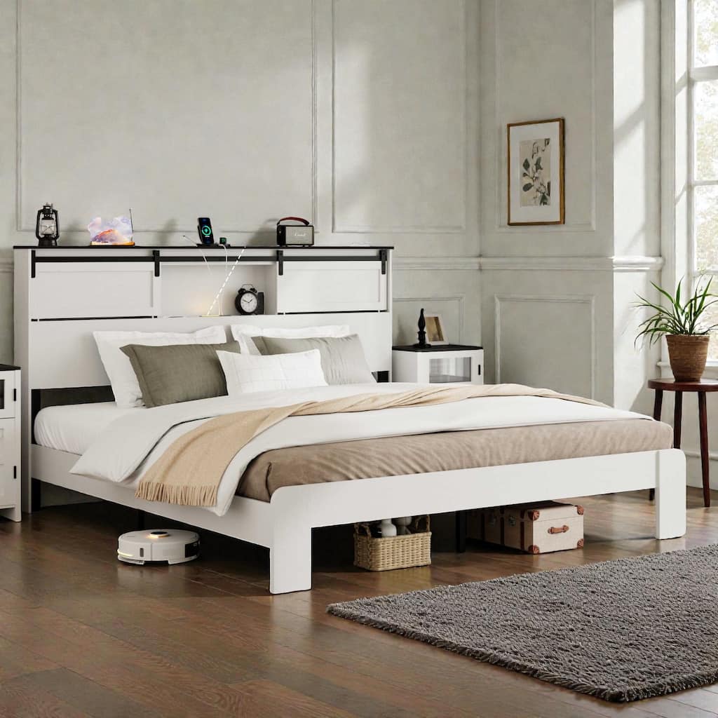 Metal Platform Bed Frame with USB Ports and Storage Headboard, Noise-Free Design, White Queen/King Bed Frame