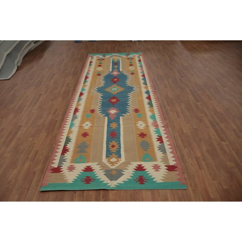 Hand Woven Oriental 100% Wool Carpet Southwestern Tribal Multi-Colored Kilim Runner Rug - 14' 7'' X 4' 11''