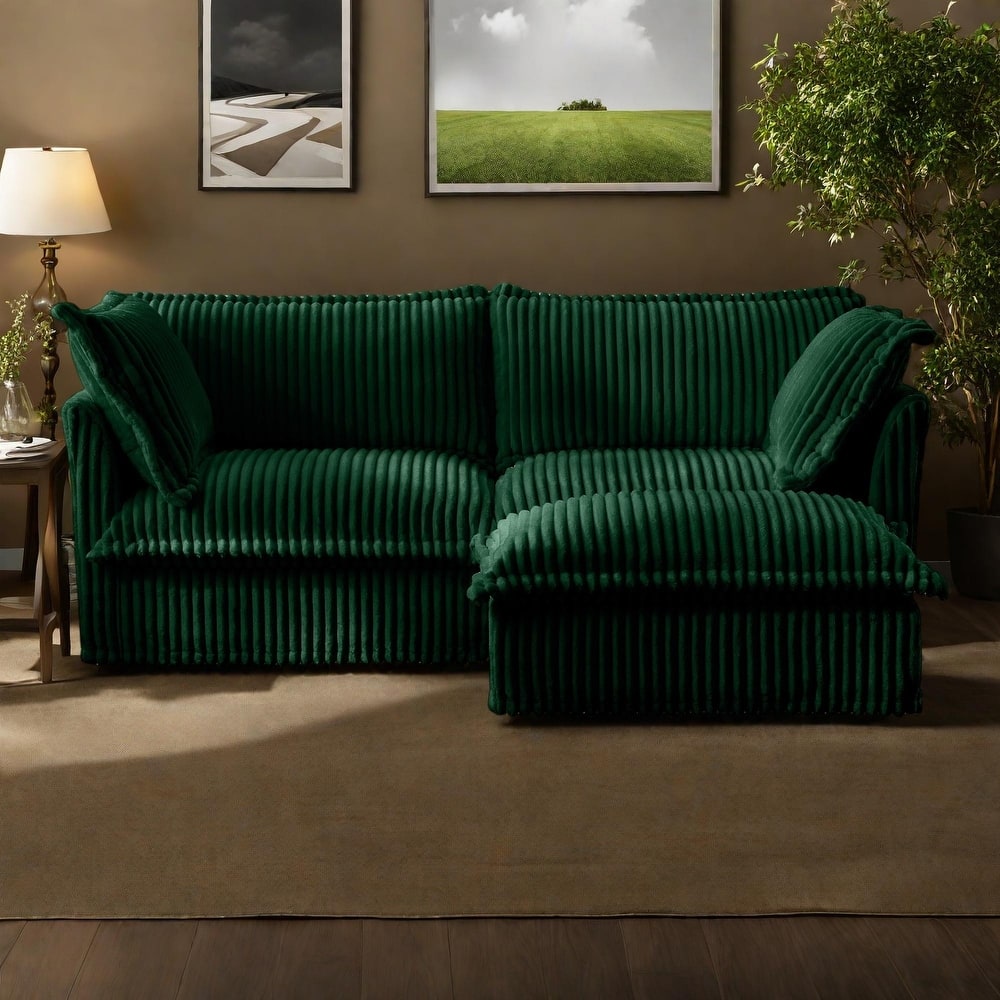Corduroy Slipcovered 2-Seater Sectional Sofa with Convertible Ottoman, Wide and Deep Seat,and Soft Multiple Big Pillows