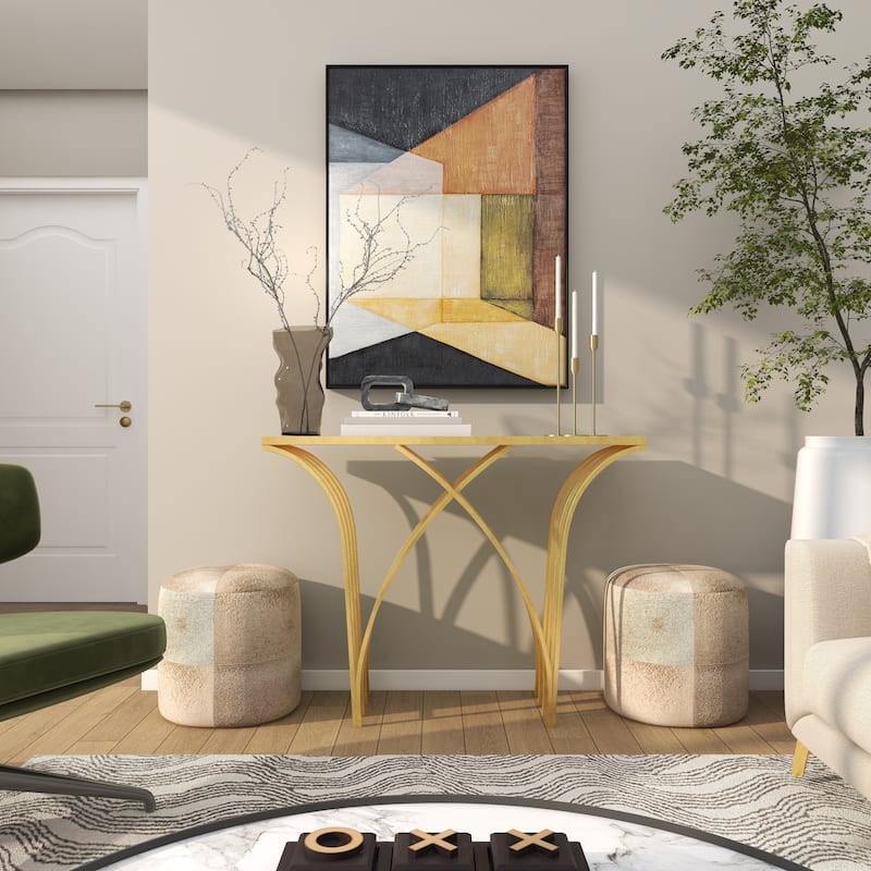 Gold Metal Geometric Console Table with Mirrored Glass Top