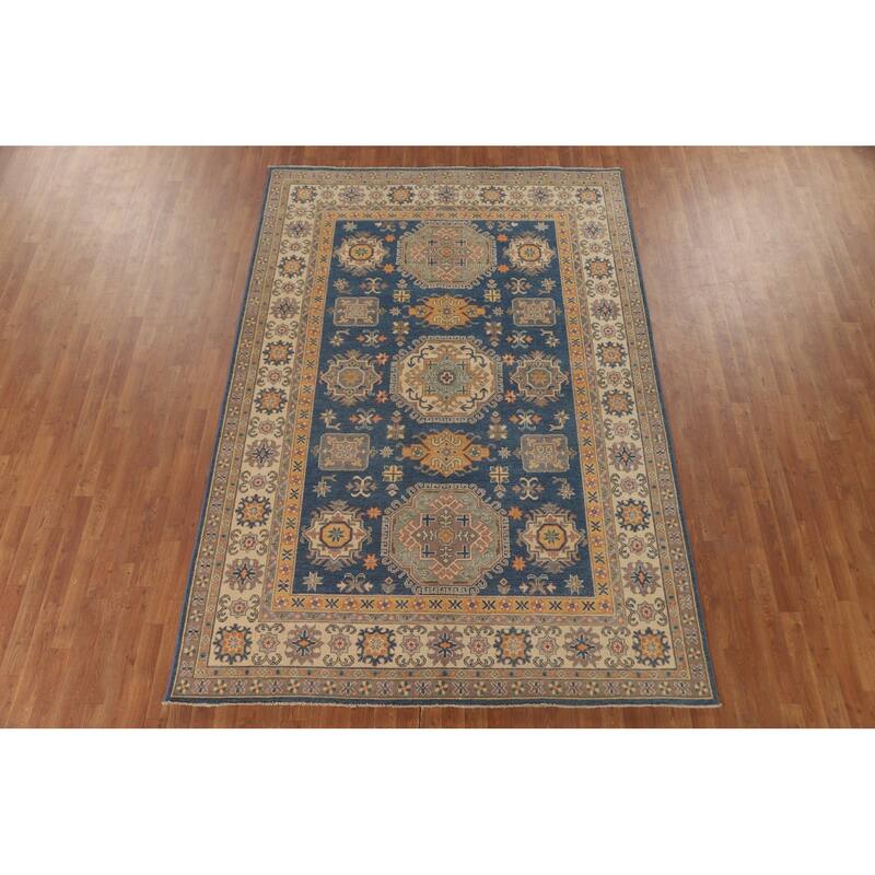 Blue Kazak Living Room Area Rug Handmade Wool Carpet - 6'8" x 9'9"