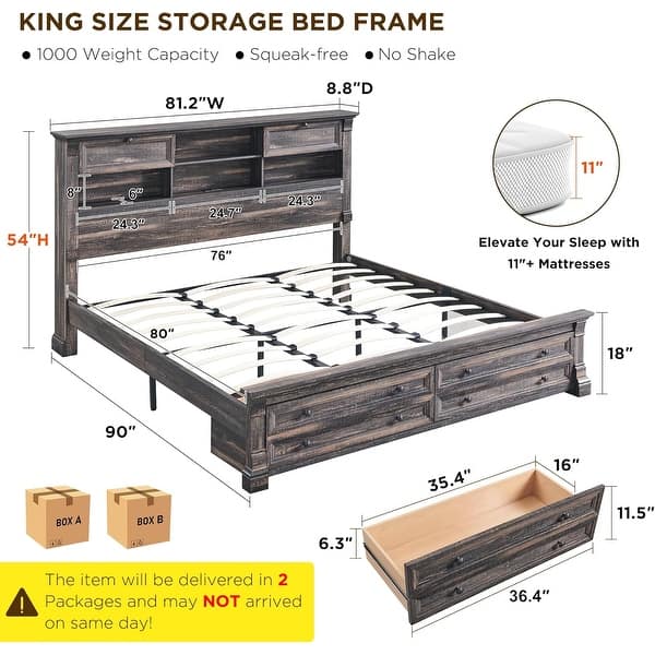 dimension image slide 5 of 10, Farmhouse Bed Frame with 54" Tall Storage Bookcase Headboard