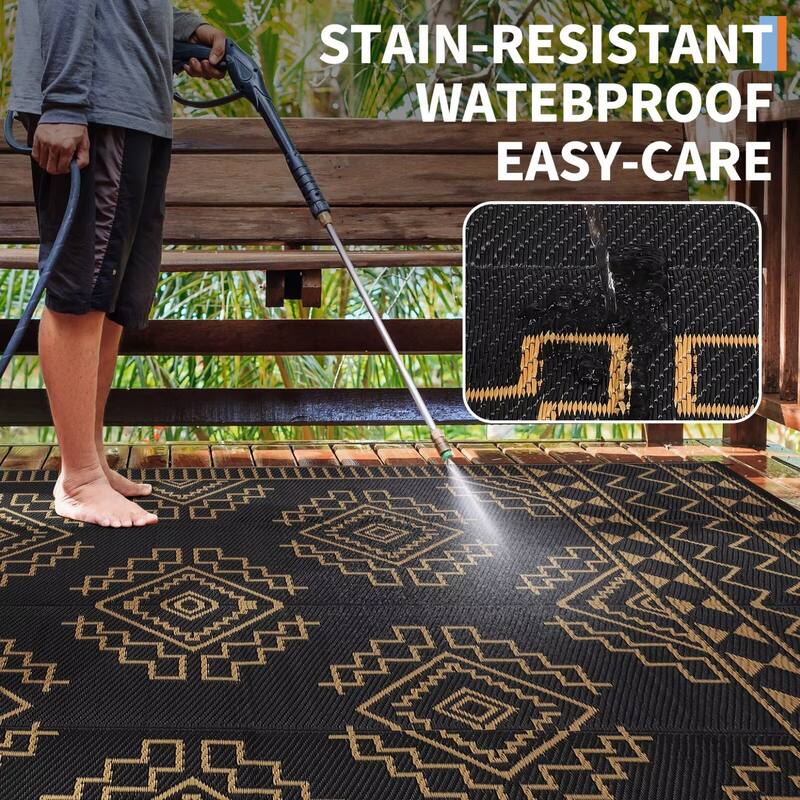 Outdoor Rug Waterproof Boho Geometric Patio Rug Mat Reversible Plastic Straw Rug Outside Outdoor Area Rug
