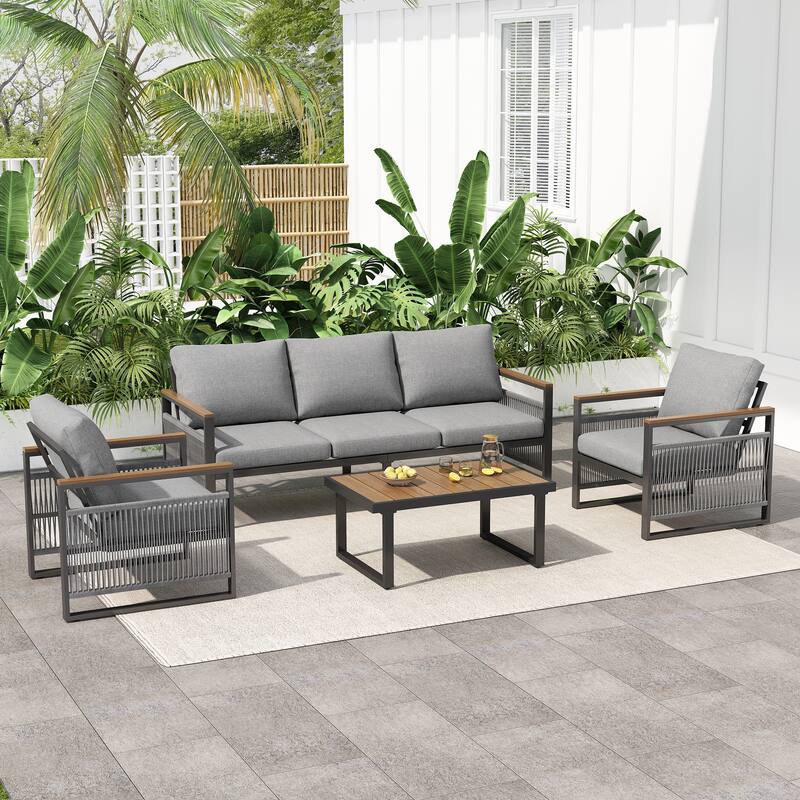 Roomfitters 4 Piece Outdoor Patio Set Metal Frame Rope Woven Deep Seating Sofa, Natural Gray