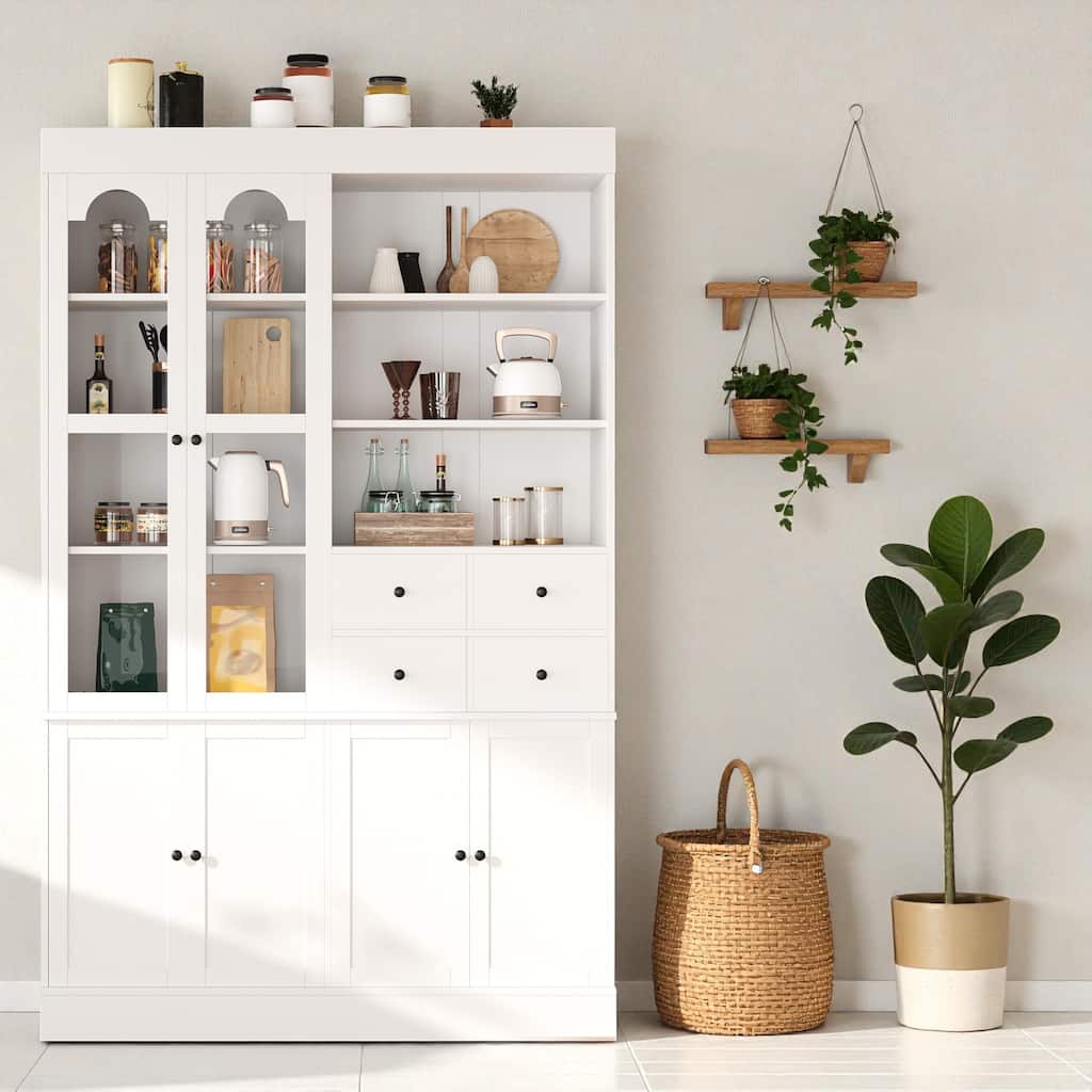 75" Freestanding Kitchen Pantry Buffet with Hutch, 4 Drawers, Glass Doors, Adjustable Shelves and Pull-Out Trays