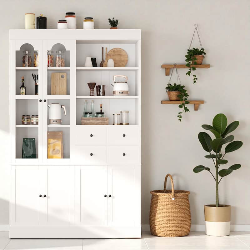 75" Freestanding Kitchen Pantry Buffet with Hutch, 4 Drawers, Glass Doors, Adjustable Shelves and Pull-Out Trays - White