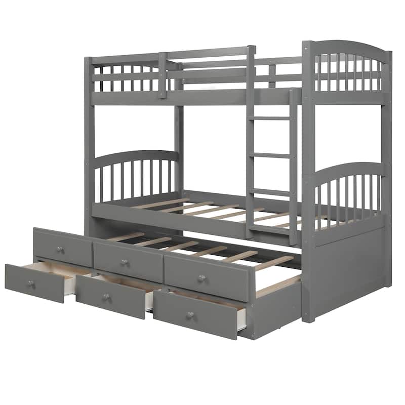 Twin Bunk Bed with Ladder, Safety Rail, and Trundle with 3 Drawers for Bedroom or Guest Room