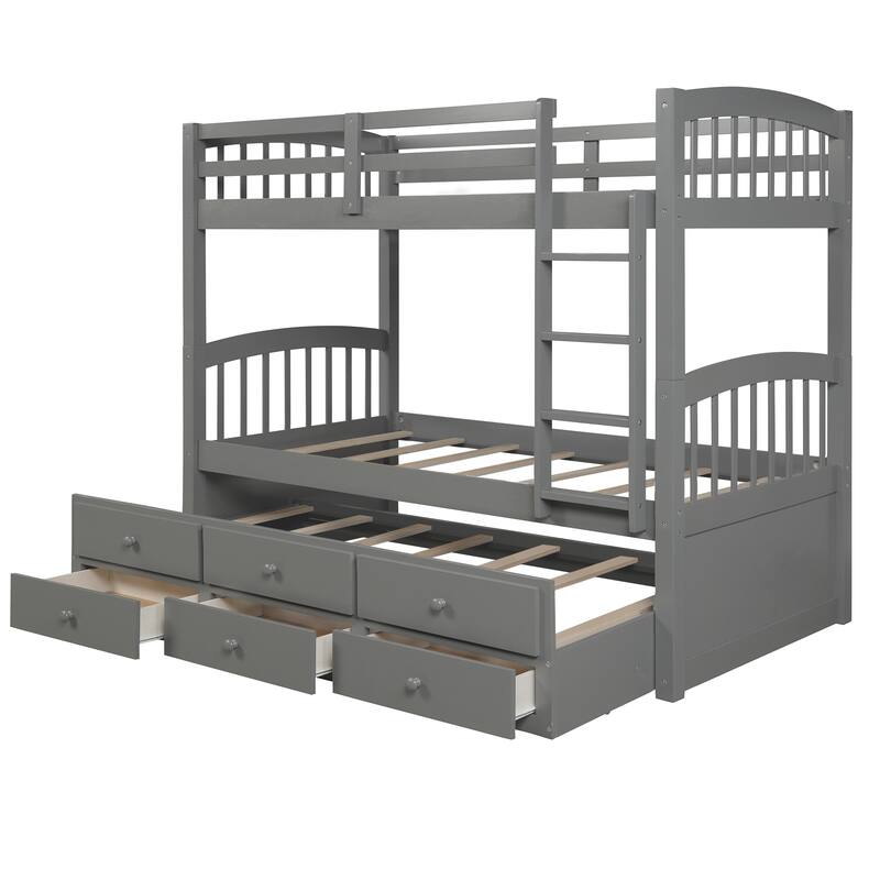 Twin Over Twin Bunk Bed with Ladder and Safety Rail, Twin Trundle Bed with 3 Drawers for Teens Bedroom, Guest Room Furniture